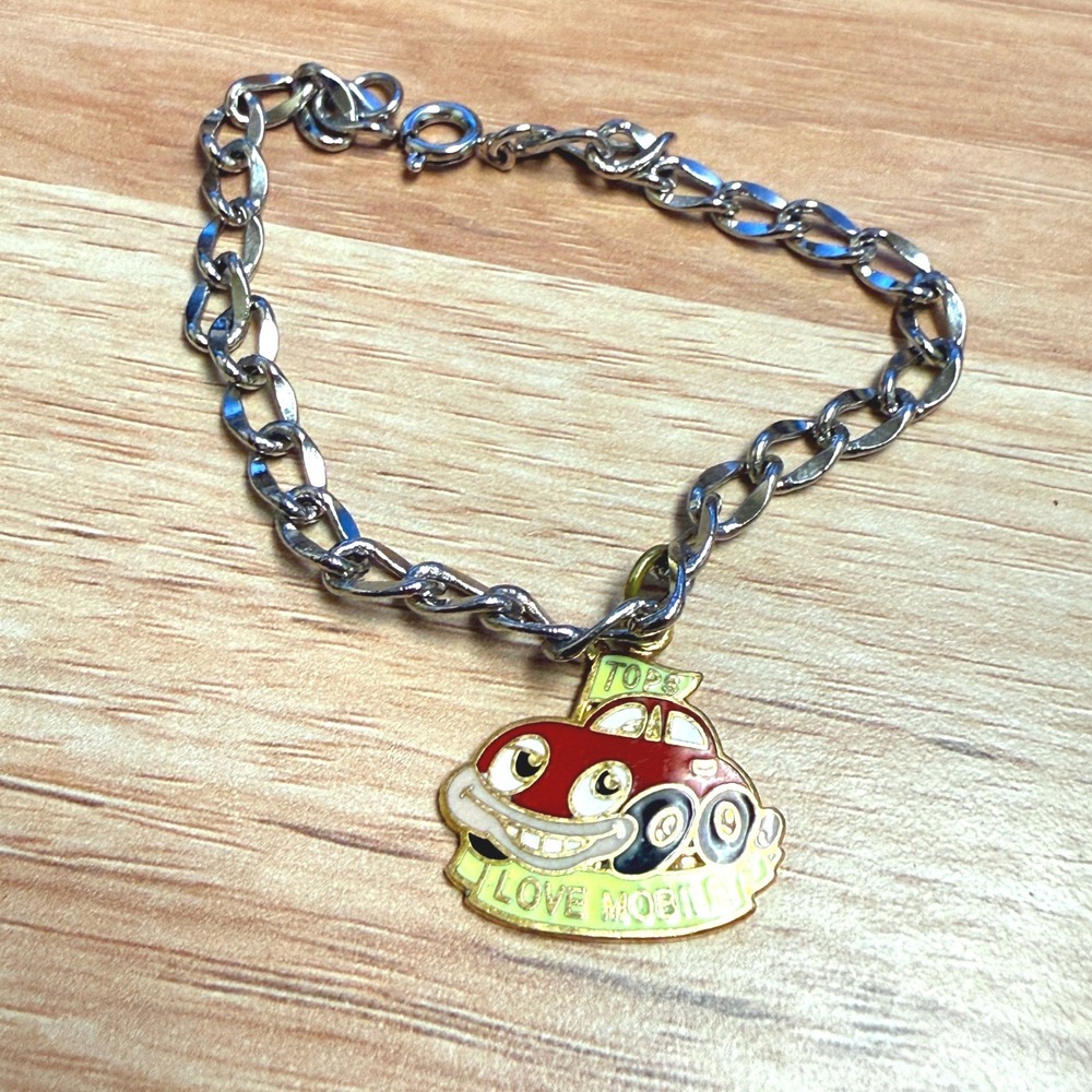 Vintage Tops Love Mobile Red Car Enamel Charm Bracelet Silver Tone 7.5 Inch